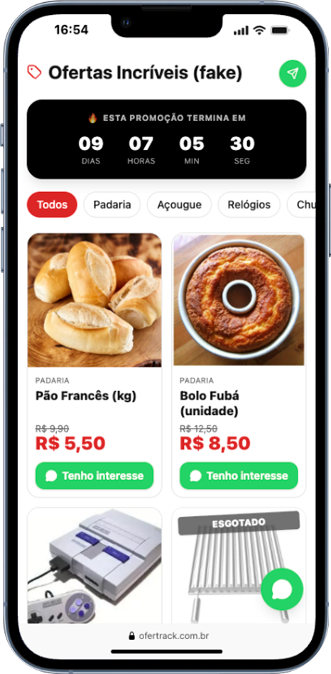 Prévia do folheto Ofertrack em um celular, com contagem regressiva e ofertas destacadas